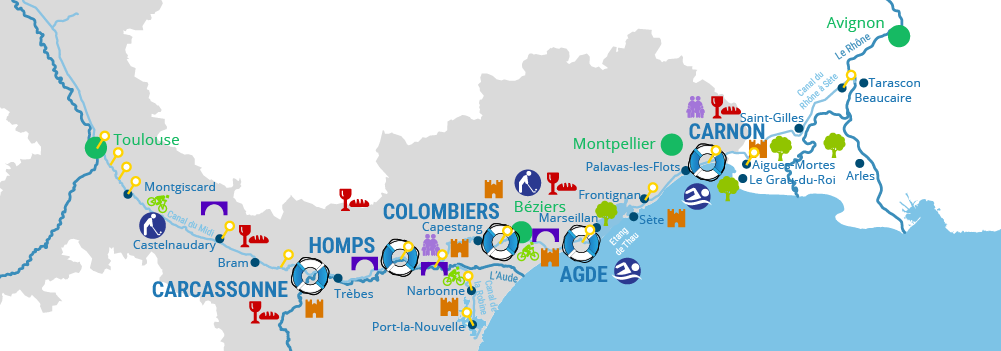 carte des voies du canal du Midi et des voies navigables de la région